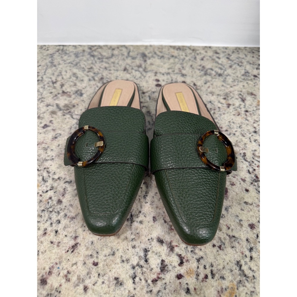 Louise et Cie Forest Green Leather Mule Flats with Tortoiseshell Buckle